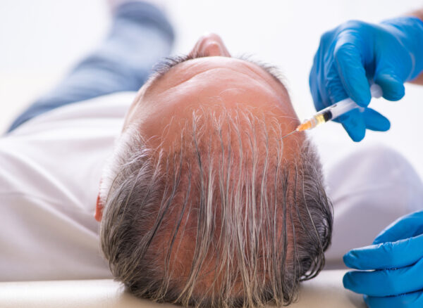 Old man visiting young male doctor in hair transplantation conce